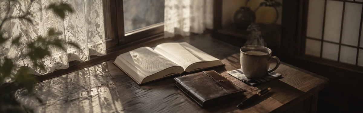 窓辺のデスクに置かれた洋書とコーヒー